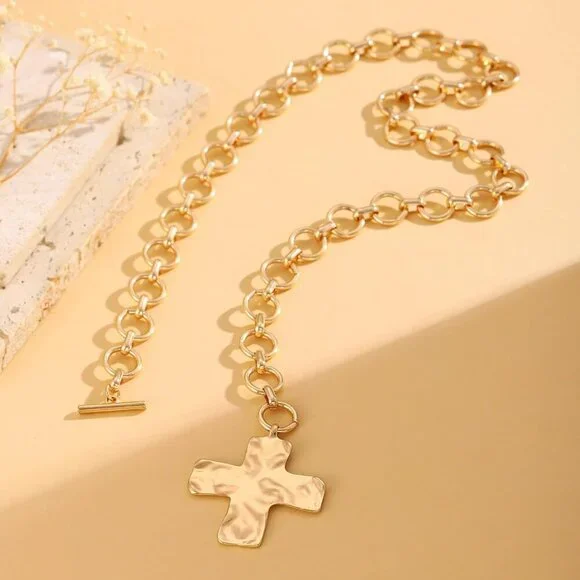 Women Gold 04 Pearl Cross Necklace - Chunky Gothic Punk Vintage Cross Jewelry - Picture 8 of 9